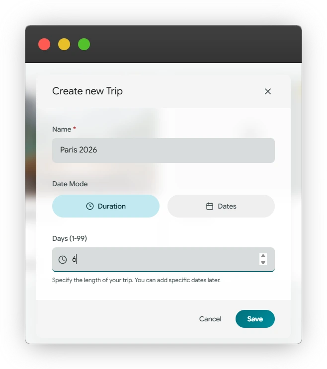 Trip creation modal