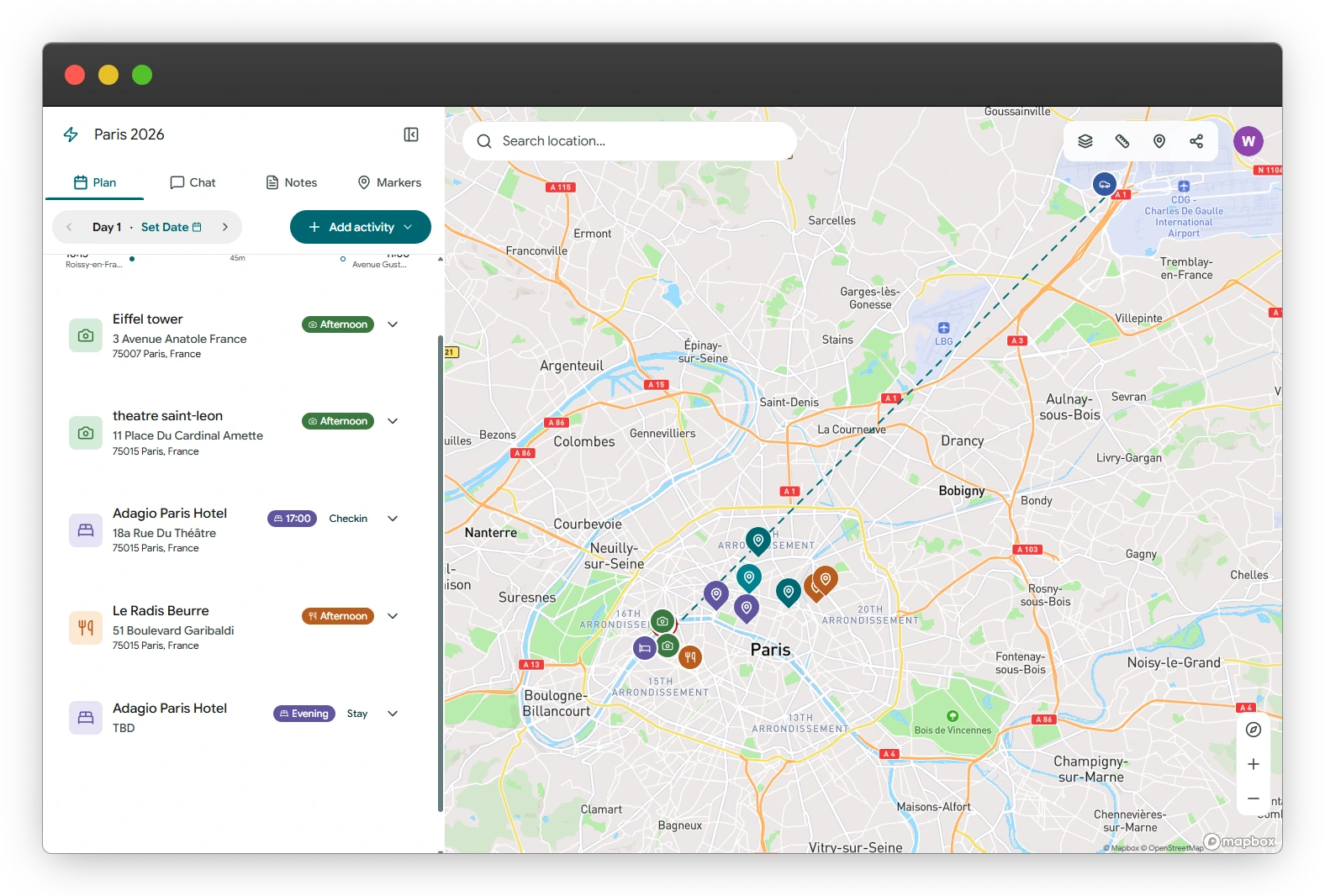 ROVEFLOW app overview — trip planner interface
